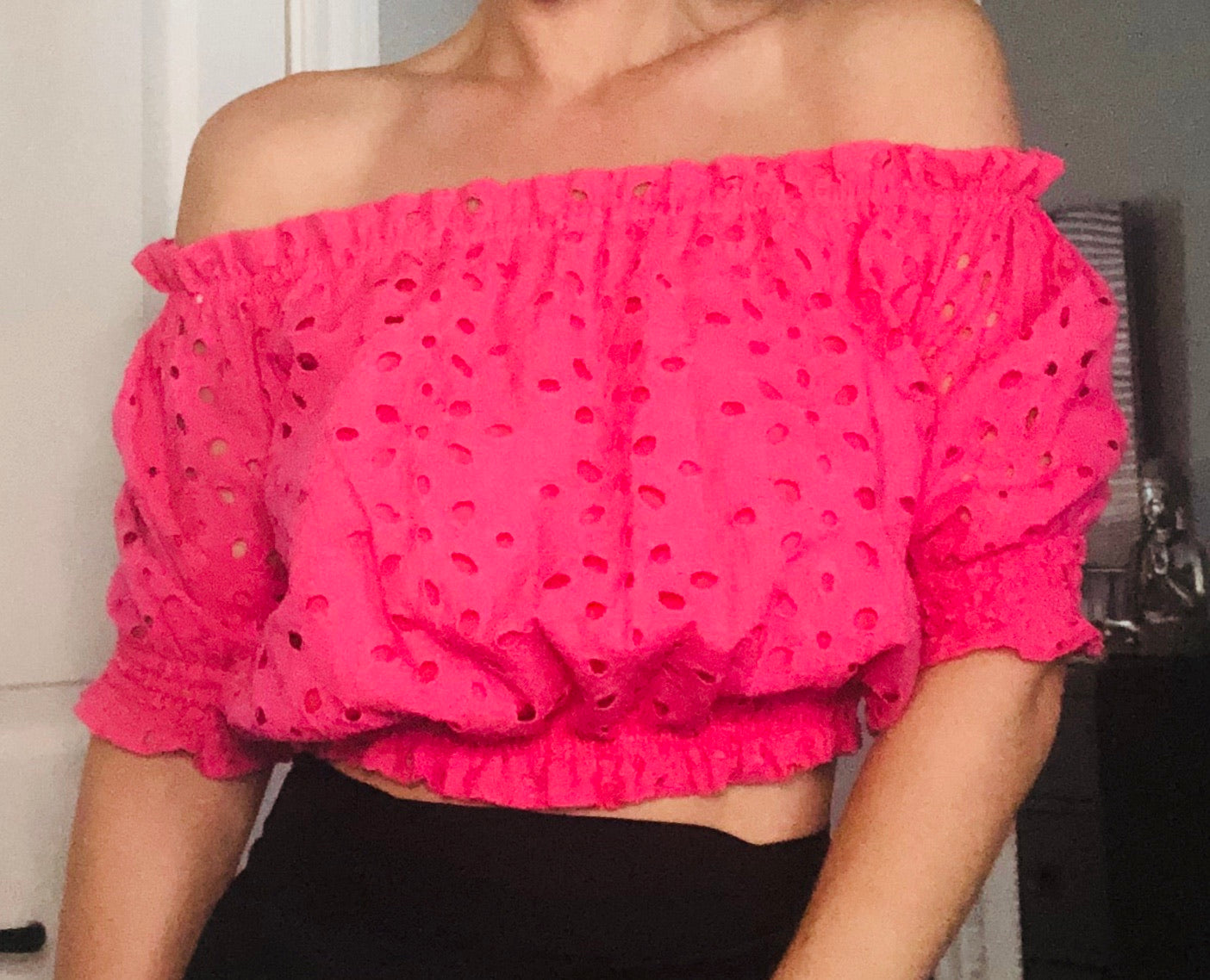 Azalea Pink Eyelet Off Shoulder Crop Top